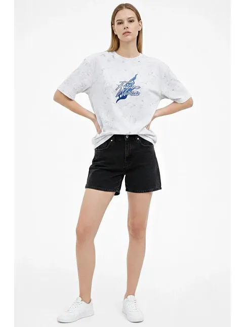 Kadın Asit Yıkamalı Oversize Tişört Future Worlds Baskılı Bisiklet Yaka Kısa Kollu Streetwear %100 Pamuk Street Style T-shirt - Beyaz
