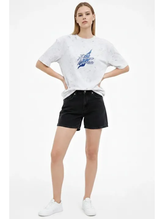 Kadın Asit Yıkamalı Oversize Tişört Future Worlds Baskılı Bisiklet Yaka Kısa Kollu Streetwear %100 Pamuk Street Style T-shirt - Beyaz