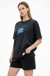 Kadın Asit Yıkamalı Oversize Tişört Future Worlds Baskılı Bisiklet Yaka Kısa Kollu Streetwear %100 Pamuk Street Style T-shirt - Siyah