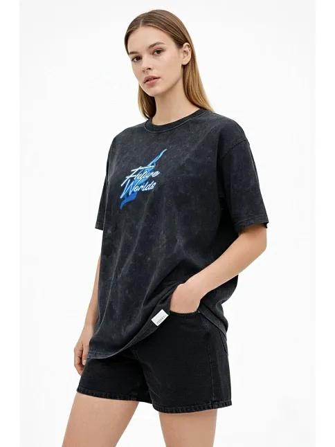 Kadın Asit Yıkamalı Oversize Tişört Future Worlds Baskılı Bisiklet Yaka Kısa Kollu Streetwear %100 Pamuk Street Style T-shirt - Siyah