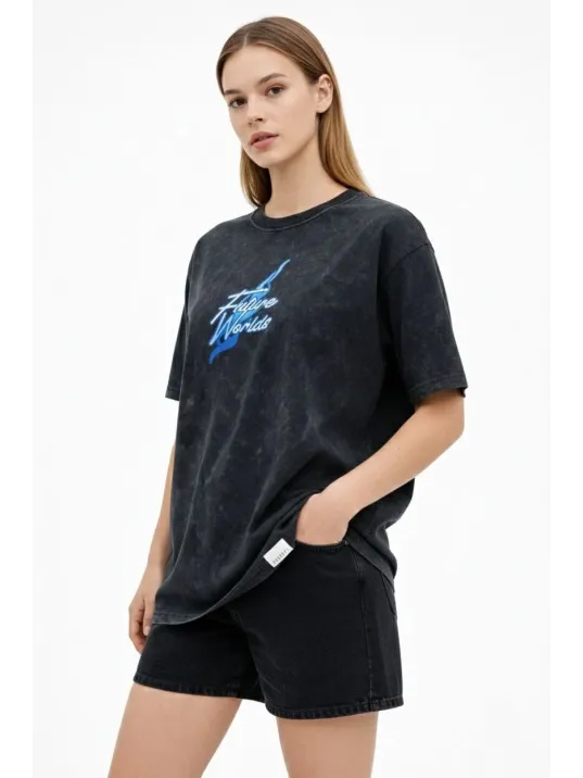 Kadın Asit Yıkamalı Oversize Tişört Future Worlds Baskılı Bisiklet Yaka Kısa Kollu Streetwear %100 Pamuk Street Style T-shirt - Siyah