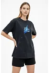 Kadın Asit Yıkamalı Oversize Tişört Future Worlds Baskılı Bisiklet Yaka Kısa Kollu Streetwear %100 Pamuk Street Style T-shirt - Siyah
