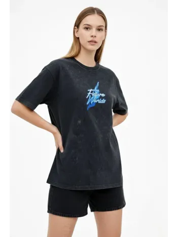 Kadın Asit Yıkamalı Oversize Tişört Future Worlds Baskılı Bisiklet Yaka Kısa Kollu Streetwear %100 Pamuk Street Style T-shirt - Siyah