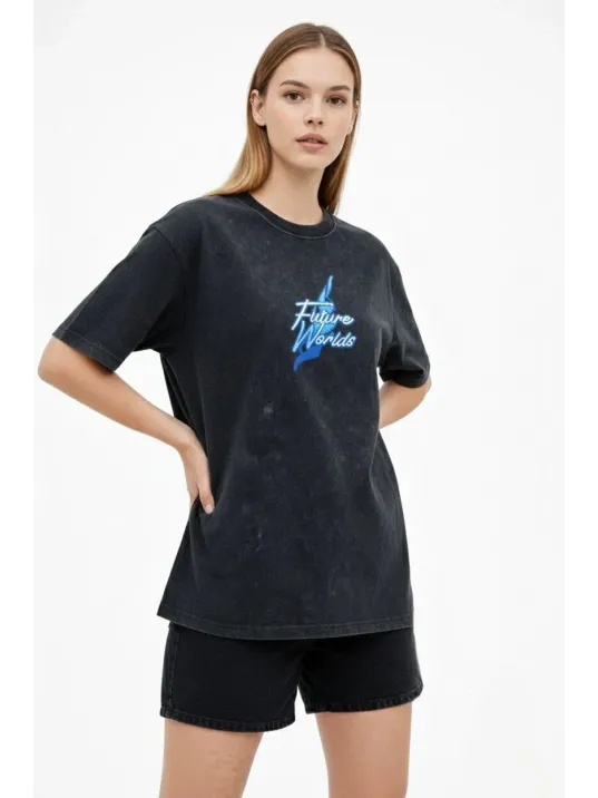 Kadın Asit Yıkamalı Oversize Tişört Future Worlds Baskılı Bisiklet Yaka Kısa Kollu Streetwear %100 Pamuk Street Style T-shirt - Siyah