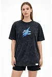 Kadın Asit Yıkamalı Oversize Tişört Future Worlds Baskılı Bisiklet Yaka Kısa Kollu Streetwear %100 Pamuk Street Style T-shirt - Siyah