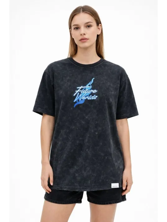 Kadın Asit Yıkamalı Oversize Tişört Future Worlds Baskılı Bisiklet Yaka Kısa Kollu Streetwear %100 Pamuk Street Style T-shirt - Siyah