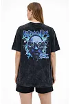 Kadın Asit Yıkamalı Oversize Tişört Future Worlds Baskılı Bisiklet Yaka Kısa Kollu Streetwear %100 Pamuk Street Style T-shirt - Siyah