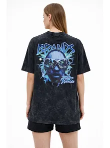 Kadın Asit Yıkamalı Oversize Tişört Future Worlds Baskılı Bisiklet Yaka Kısa Kollu Streetwear %100 Pamuk Street Style T-shirt - Siyah