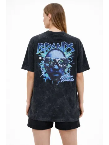 Kadın Asit Yıkamalı Oversize Tişört Future Worlds Baskılı Bisiklet Yaka Kısa Kollu Streetwear %100 Pamuk Street Style T-shirt - Siyah