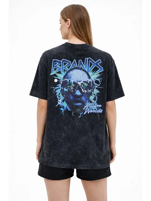 Kadın Asit Yıkamalı Oversize Tişört Future Worlds Baskılı Bisiklet Yaka Kısa Kollu Streetwear %100 Pamuk Street Style T-shirt - Siyah