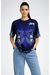 Kadın Lacivert Oversize Tişört Dragon & Kuru Kafa Baskılı Bisiklet Yaka T-shirt - Lacivert