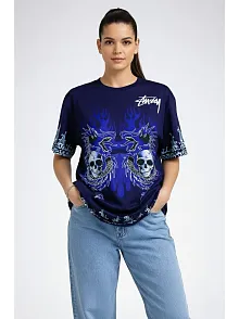 Kadın Lacivert Oversize Tişört Dragon & Kuru Kafa Baskılı Bisiklet Yaka T-shirt - Lacivert