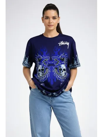Kadın Lacivert Oversize Tişört Dragon & Kuru Kafa Baskılı Bisiklet Yaka T-shirt - Lacivert