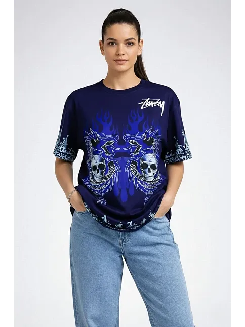 Kadın Lacivert Oversize Tişört Dragon & Kuru Kafa Baskılı Bisiklet Yaka T-shirt - Lacivert