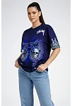 Kadın Lacivert Oversize Tişört Dragon & Kuru Kafa Baskılı Bisiklet Yaka T-shirt - Lacivert