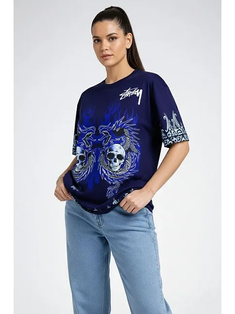 Kadın Lacivert Oversize Tişört Dragon & Kuru Kafa Baskılı Bisiklet Yaka T-shirt - Lacivert
