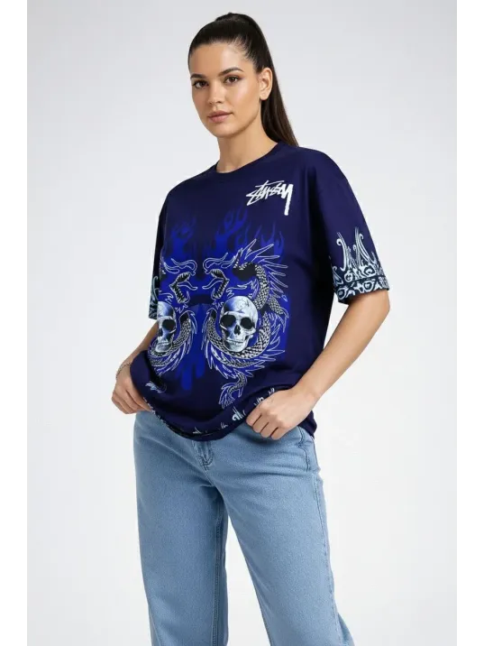Kadın Lacivert Oversize Tişört Dragon & Kuru Kafa Baskılı Bisiklet Yaka T-shirt - Lacivert
