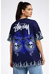 Kadın Lacivert Oversize Tişört Dragon & Kuru Kafa Baskılı Bisiklet Yaka T-shirt - Lacivert