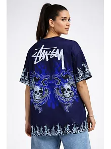Kadın Lacivert Oversize Tişört Dragon & Kuru Kafa Baskılı Bisiklet Yaka T-shirt - Lacivert