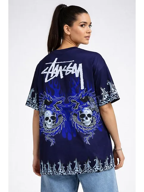 Kadın Lacivert Oversize Tişört Dragon & Kuru Kafa Baskılı Bisiklet Yaka T-shirt - Lacivert