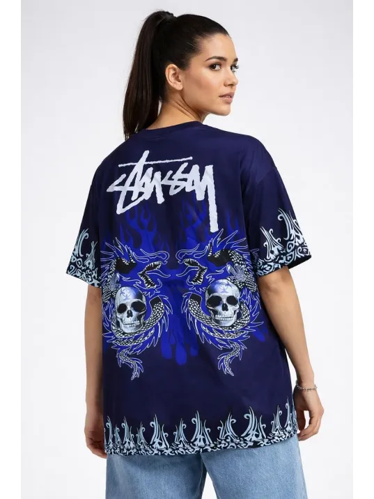 Kadın Lacivert Oversize Tişört Dragon & Kuru Kafa Baskılı Bisiklet Yaka T-shirt - Lacivert