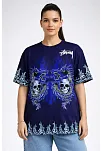 Kadın Lacivert Oversize Tişört Dragon & Kuru Kafa Baskılı Bisiklet Yaka T-shirt - Lacivert