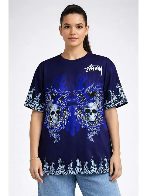 Kadın Lacivert Oversize Tişört Dragon & Kuru Kafa Baskılı Bisiklet Yaka T-shirt - Lacivert