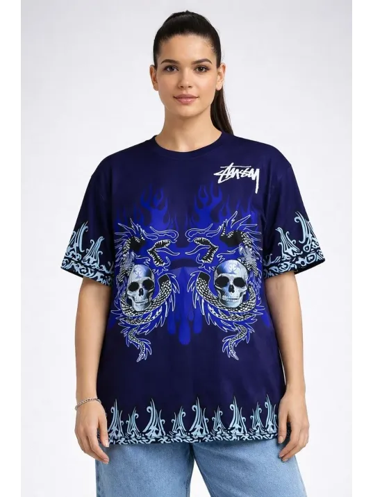 Kadın Lacivert Oversize Tişört Dragon & Kuru Kafa Baskılı Bisiklet Yaka T-shirt - Lacivert