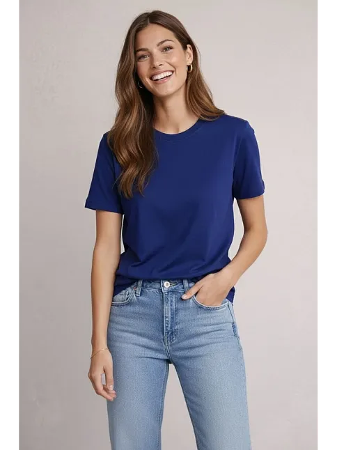 Osy Modal Yumuşak Dokulu Kumaş Kadın Bisiklet Yaka T-shirt - Lacivert