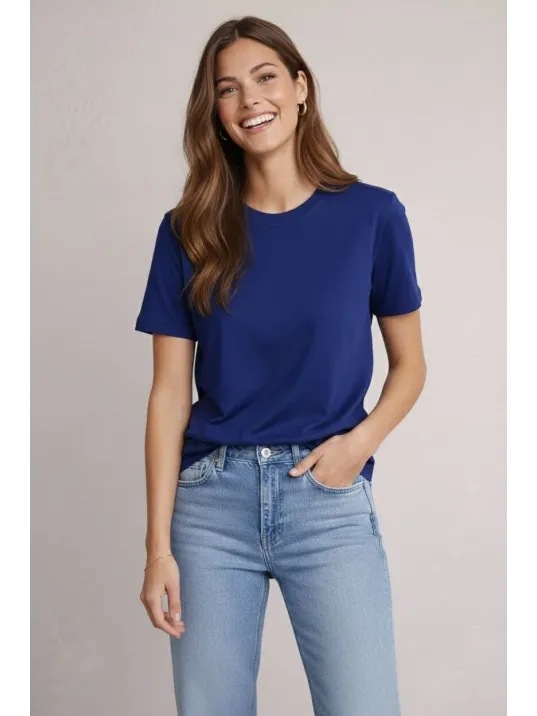 Osy Modal Yumuşak Dokulu Kumaş Kadın Bisiklet Yaka T-shirt - Lacivert