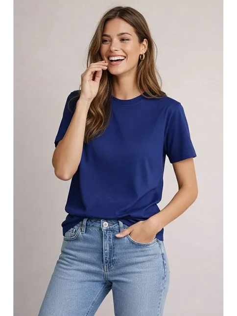 Osy Modal Yumuşak Dokulu Kumaş Kadın Bisiklet Yaka T-shirt - Lacivert