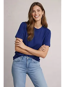 Osy Modal Yumuşak Dokulu Kumaş Kadın Bisiklet Yaka T-shirt - Lacivert