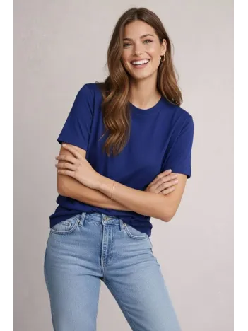 Osy Modal Yumuşak Dokulu Kumaş Kadın Bisiklet Yaka T-shirt - Lacivert