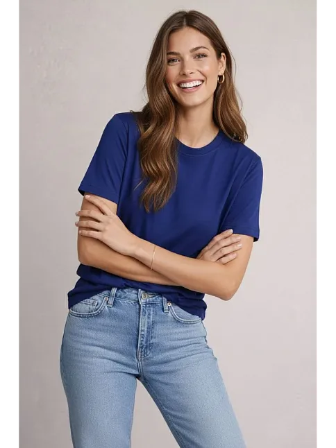 Osy Modal Yumuşak Dokulu Kumaş Kadın Bisiklet Yaka T-shirt - Lacivert