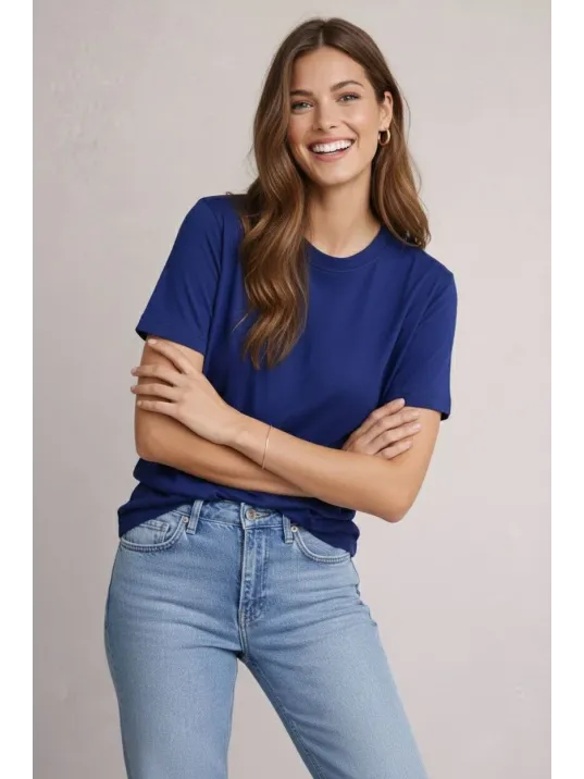 Osy Modal Yumuşak Dokulu Kumaş Kadın Bisiklet Yaka T-shirt - Lacivert