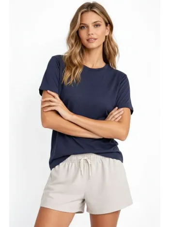 Osy Modal Yumuşak Dokulu Kumaş Kadın Bisiklet Yaka T-shirt - İndigo