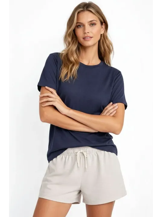 Osy Modal Yumuşak Dokulu Kumaş Kadın Bisiklet Yaka T-shirt - İndigo Osy Modal Yumuşak Dokulu Kumaş Kadın Bisiklet Yaka T-shirt - İndigo