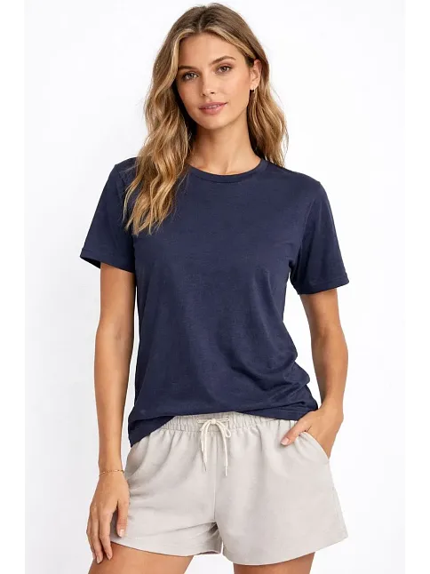 Osy Modal Yumuşak Dokulu Kumaş Kadın Bisiklet Yaka T-shirt - İndigo