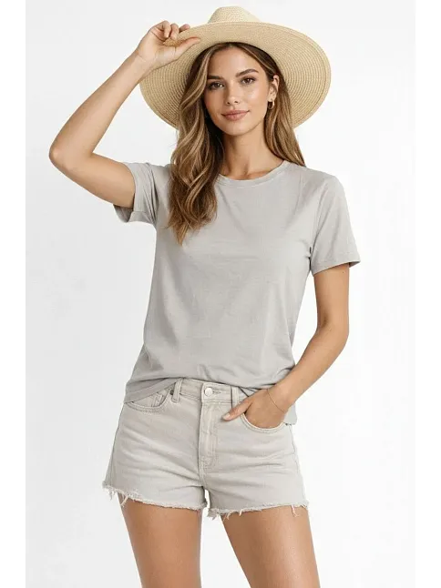 Osy Modal Yumuşak Dokulu Kumaş Kadın Bisiklet Yaka T-shirt - Gri