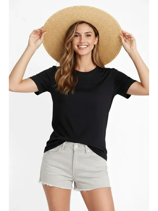 Osy Modal Yumuşak Dokulu Kumaş Kadın Bisiklet Yaka T-shirt - Siyah