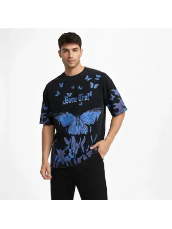 Erkek Asit Yıkamalı Oversize Tişört Mavi Kelebek Baskılı Dijital Print Bisiklet Yaka Streetwear T-shirt - Siyah