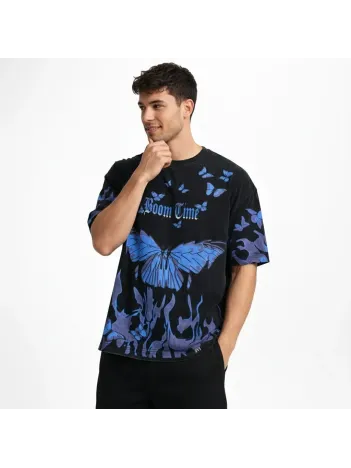 Erkek Asit Yıkamalı Oversize Tişört Mavi Kelebek Baskılı Dijital Print Bisiklet Yaka Streetwear T-shirt - Siyah