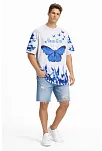 Erkek Asit Yıkamalı Oversize Tişört Mavi Kelebek Baskılı Dijital Print Bisiklet Yaka Streetwear T-shirt - Beyaz