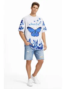 Erkek Asit Yıkamalı Oversize Tişört Mavi Kelebek Baskılı Dijital Print Bisiklet Yaka Streetwear T-shirt - Beyaz