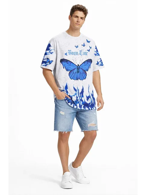 Erkek Asit Yıkamalı Oversize Tişört Mavi Kelebek Baskılı Dijital Print Bisiklet Yaka Streetwear T-shirt - Beyaz