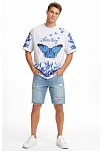 Erkek Asit Yıkamalı Oversize Tişört Mavi Kelebek Baskılı Dijital Print Bisiklet Yaka Streetwear T-shirt - Beyaz