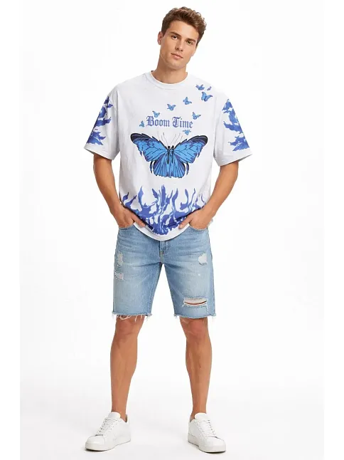 Erkek Asit Yıkamalı Oversize Tişört Mavi Kelebek Baskılı Dijital Print Bisiklet Yaka Streetwear T-shirt - Beyaz