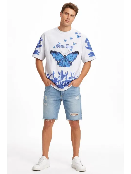 Erkek Asit Yıkamalı Oversize Tişört Mavi Kelebek Baskılı Dijital Print Bisiklet Yaka Streetwear T-shirt - Beyaz