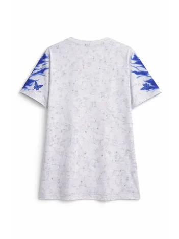 Erkek Asit Yıkamalı Oversize Tişört Mavi Kelebek Baskılı Dijital Print Bisiklet Yaka Streetwear T-shirt - Beyaz