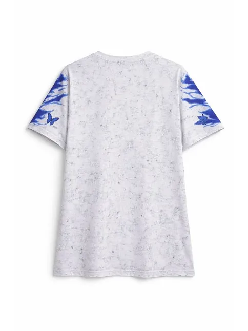 Erkek Asit Yıkamalı Oversize Tişört Mavi Kelebek Baskılı Dijital Print Bisiklet Yaka Streetwear T-shirt - Beyaz